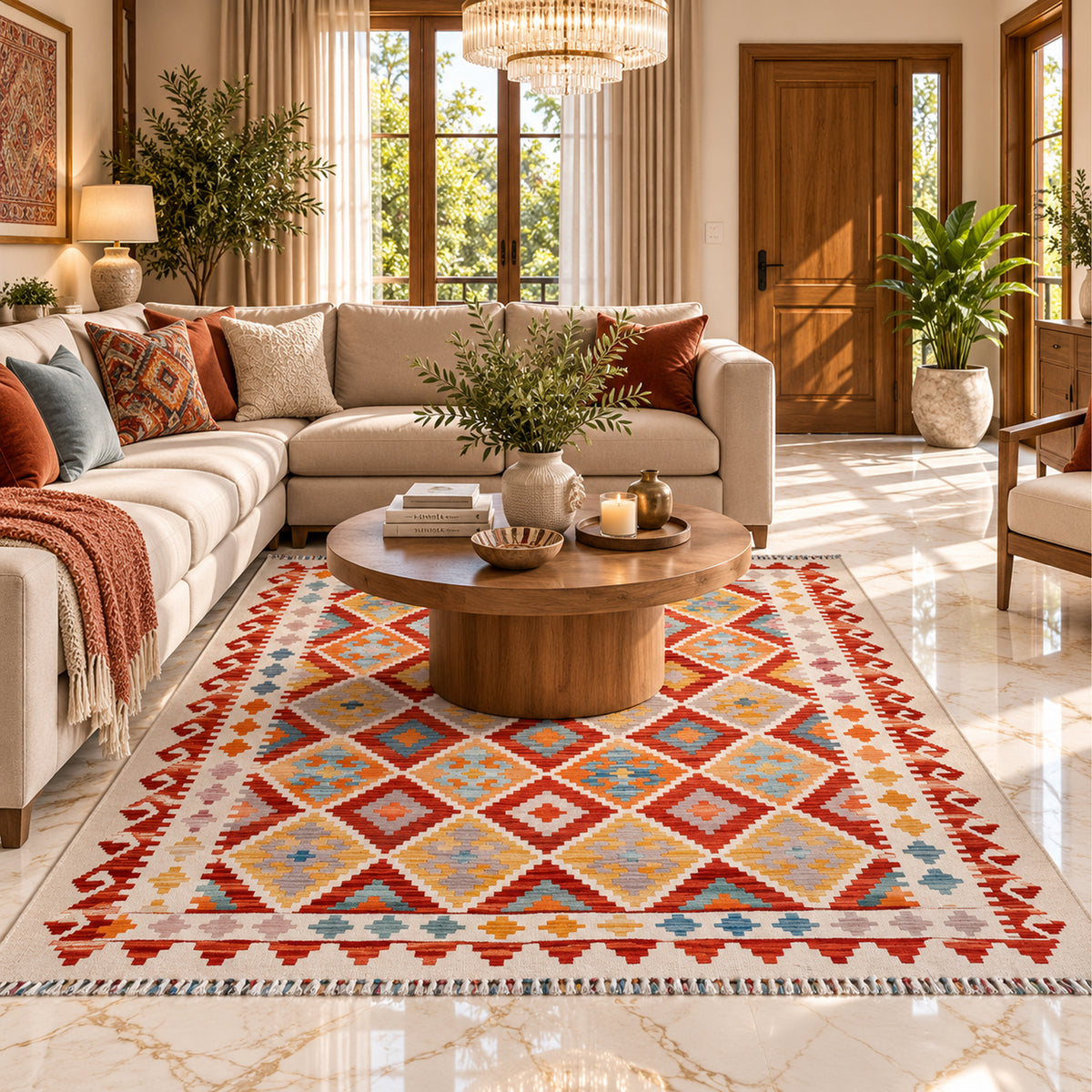 Multicolor kilim rug with geometric pattern and fringe, laid in a living area.