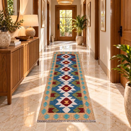Geometric kilim runner rug, multicolor blue tan red accents, rectangular 147x51 cm
