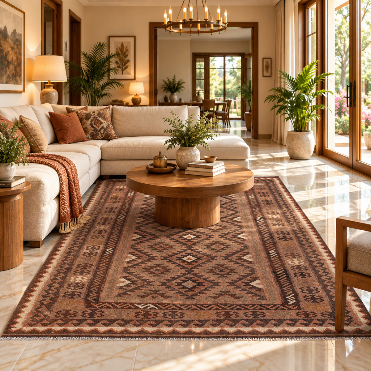 Brown geometric kilim rug with diamond center and border, flat woven surface