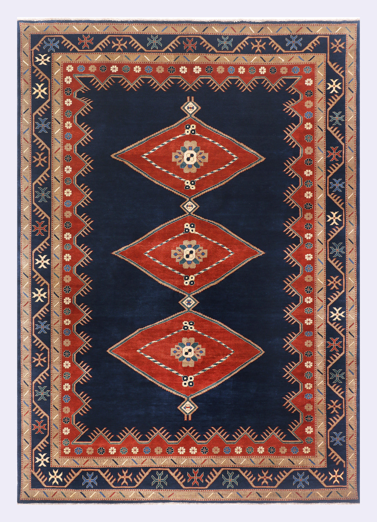 Blue patterned area rug, geometric medallion border, 289x203 cm