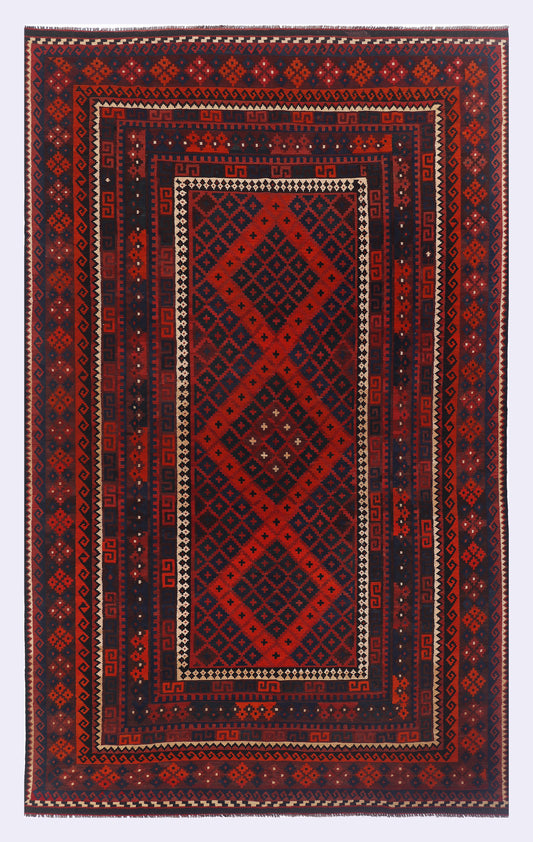 Crimson red kilim rug with geometric border and diamond center pattern, rectangular