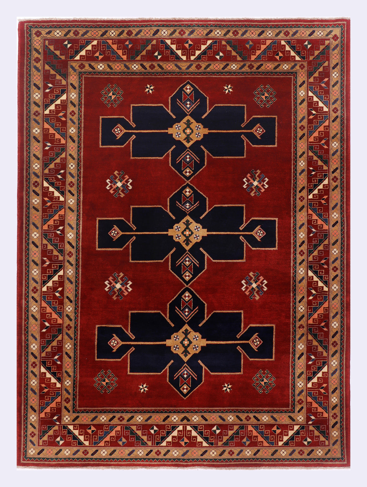 Red geometric area rug, 239x176 cm, bordered pattern with diamond motifs