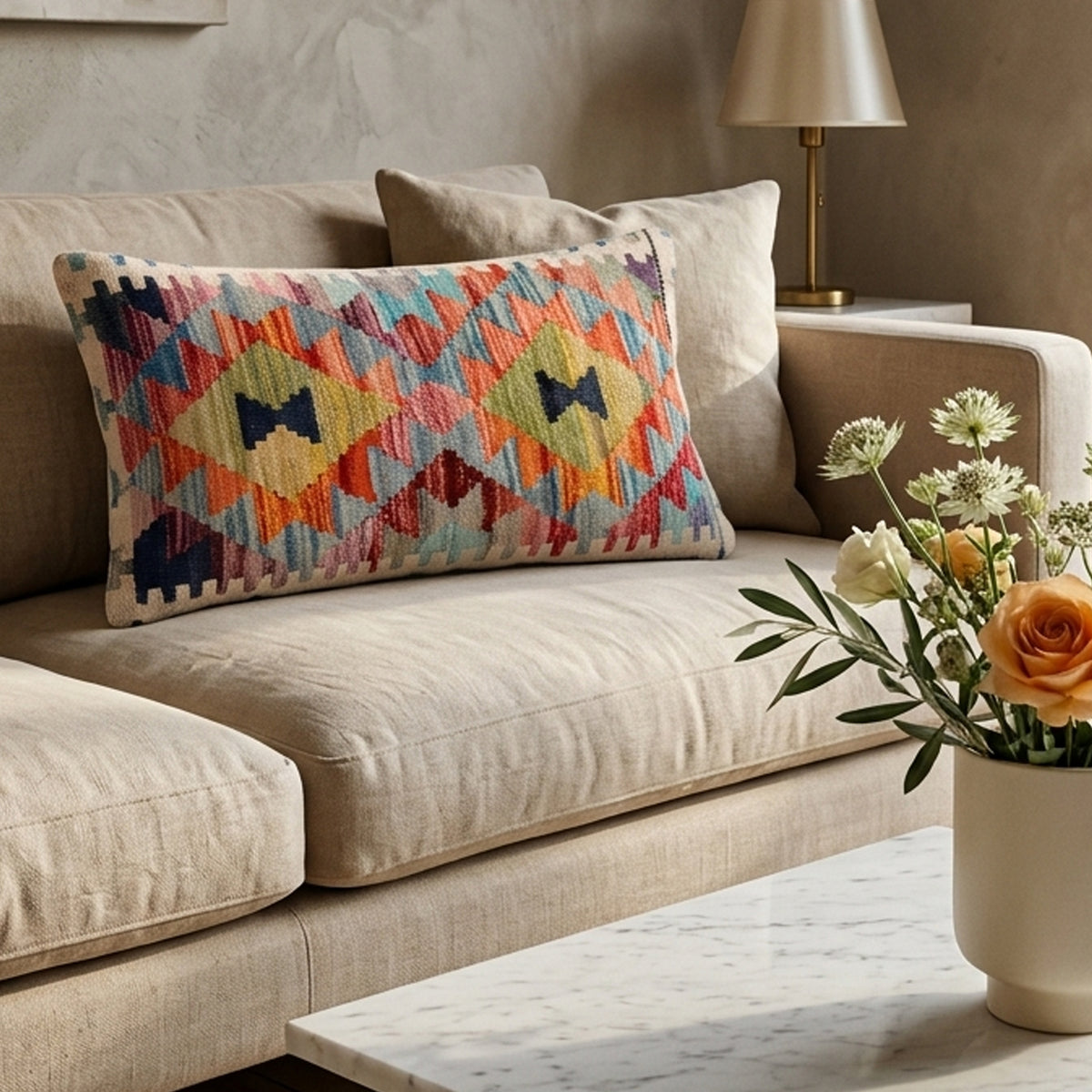 Blue kilim cushion cover with colorful geometric diamond pattern on a sofa