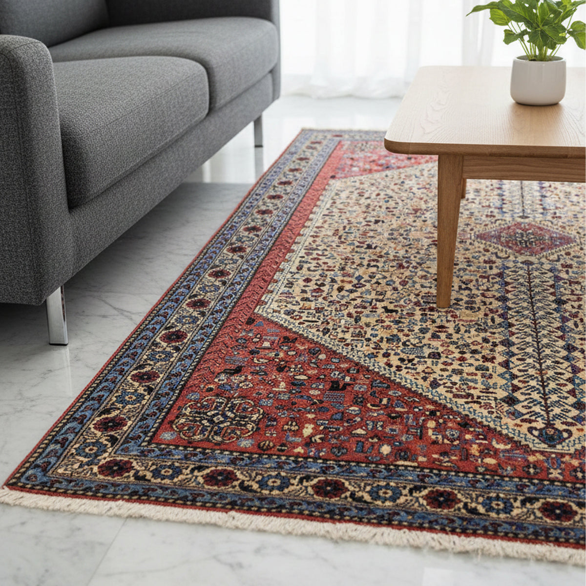 200x300 cm rug on floor with red center band, cream field, blue border and short fringe