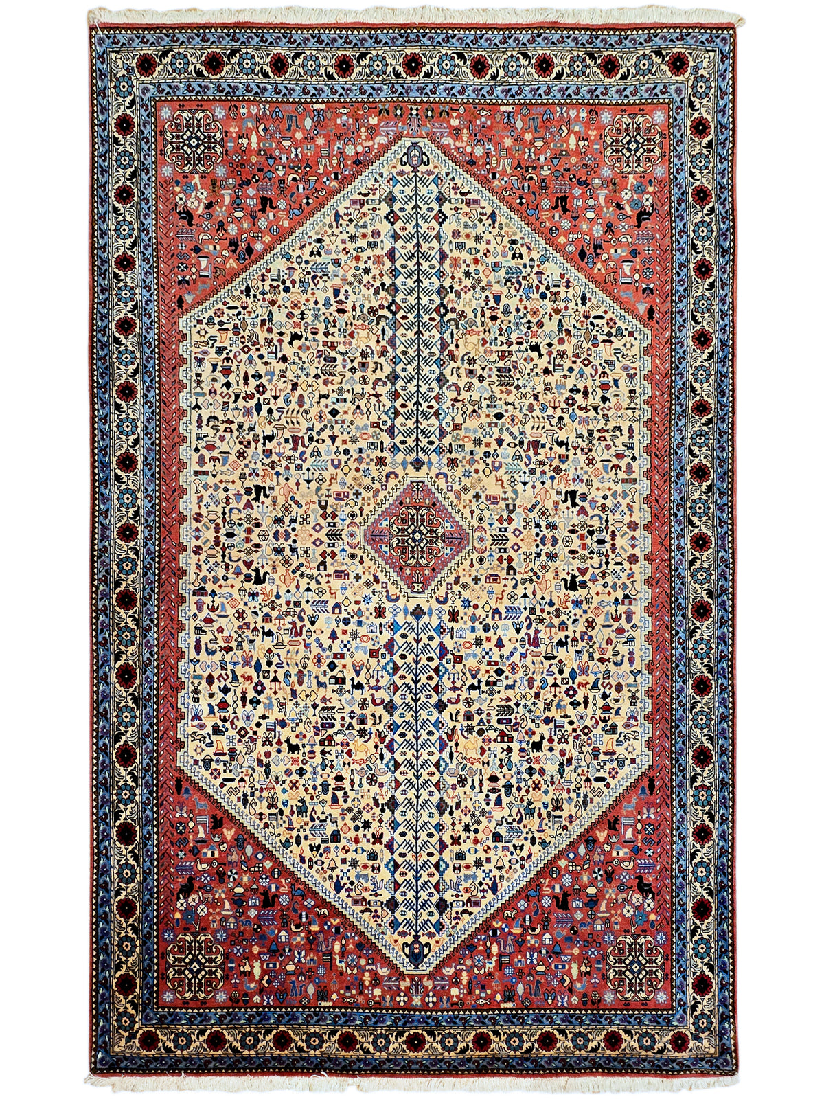 200x300 cm rug top view with red outer frame, cream center diamond and navy border