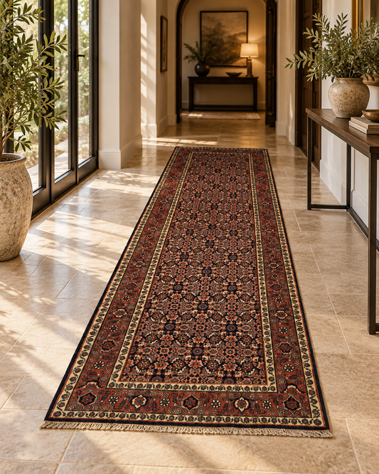 Bidjar runner rug with dark red field, navy-and-beige border, and central medallion layout.