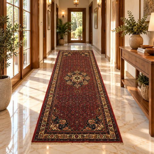 Bidjar rug laid on floor in a hallway, red center with ornate border and fringe