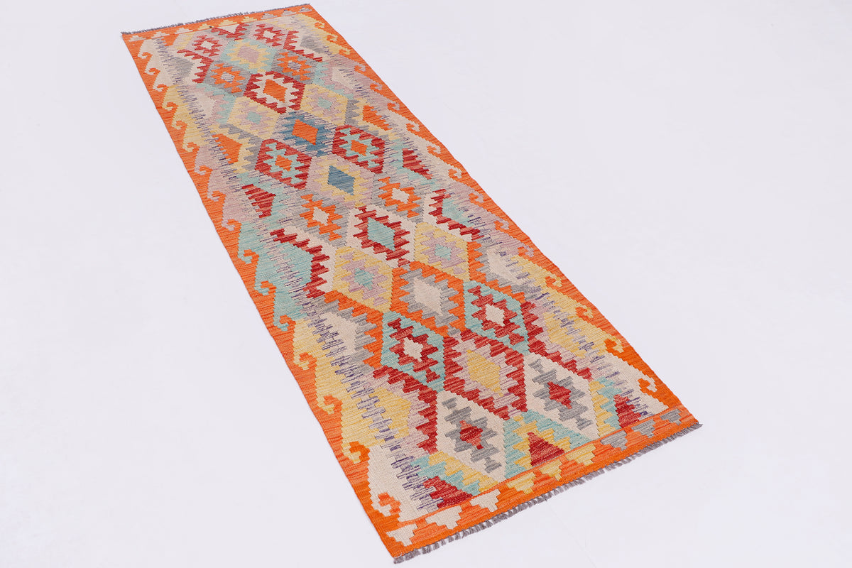 225x84 cm geometric kilim rug runner with orange, red, blue, and gray diamond pattern