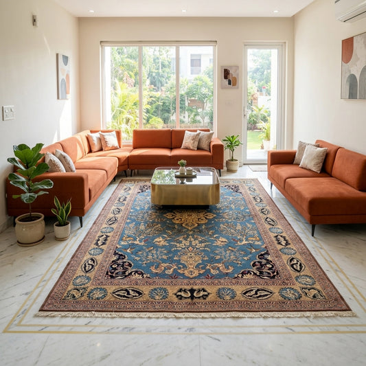 Blue patterned rug laid flat on light floor, with white fringe edges