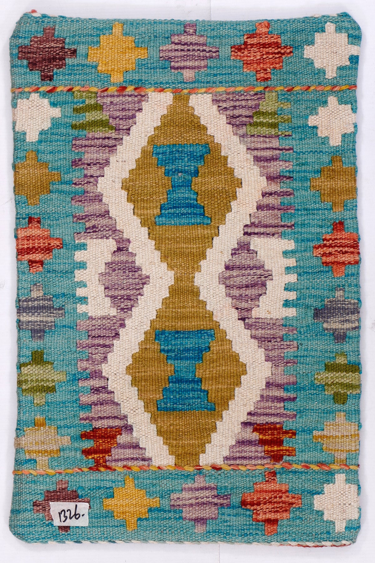 Turquoise kilim cushion cover with geometric diamond motifs, multicolor, 35x55 cm