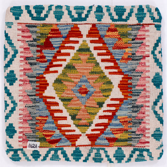 Turquoise border kilim cushion with central multicolor diamond pattern, 45x45 cm