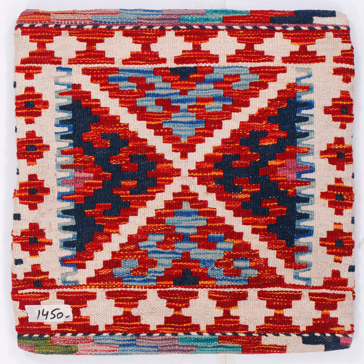Kilim cushion cover 45x45 cm close-up of red, navy and blue geometric pattern