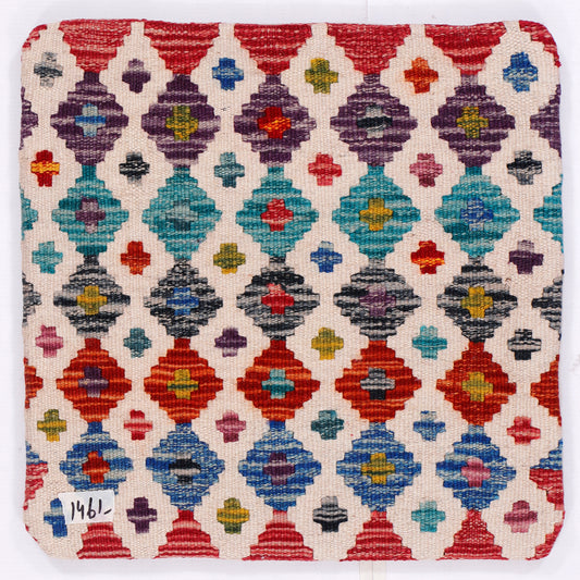 Diamond-pattern kilim cushion cover in red, blue, and cream, square 45x45 cm