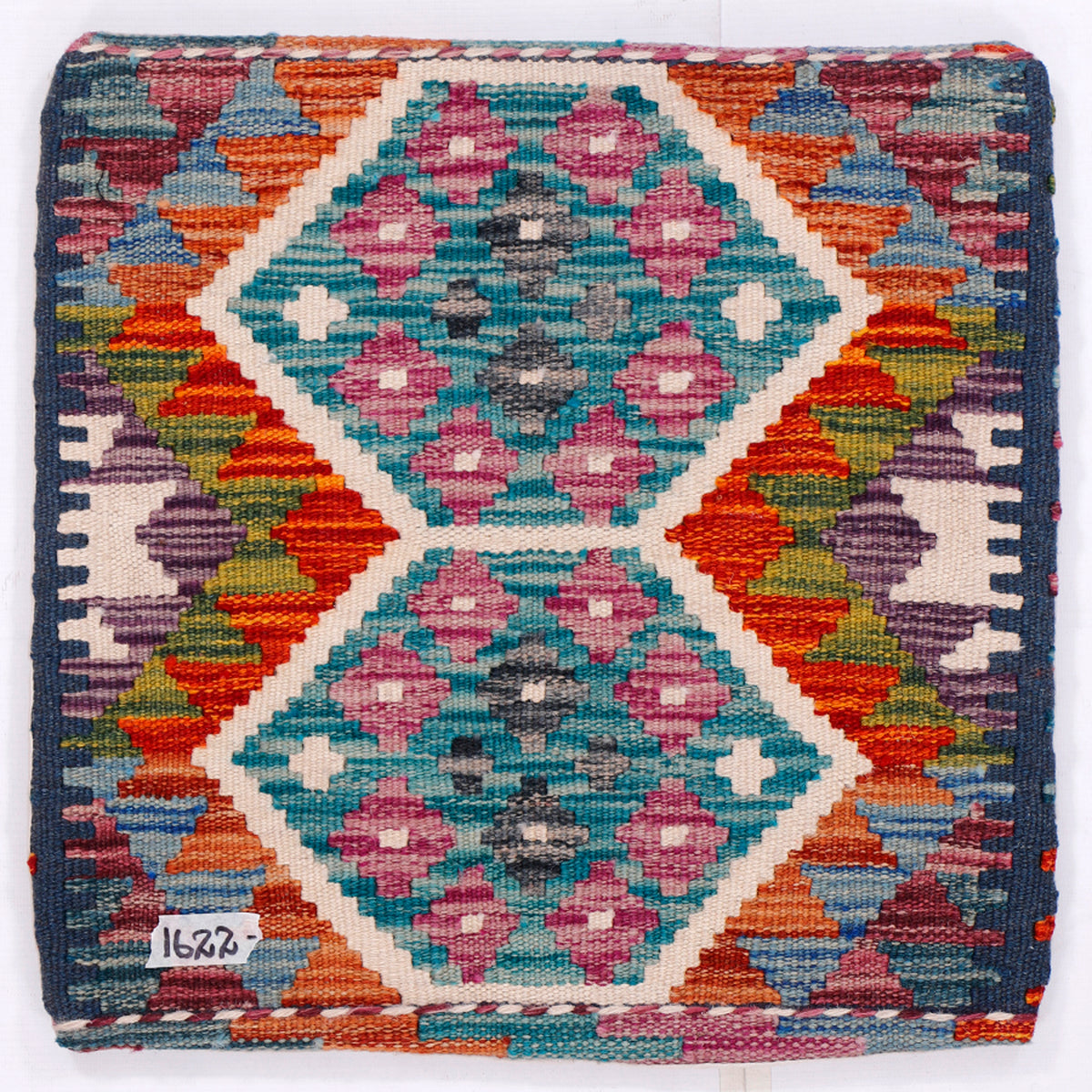 Kilim cushion 45x45 cm with turquoise diamond pattern and multicolor border