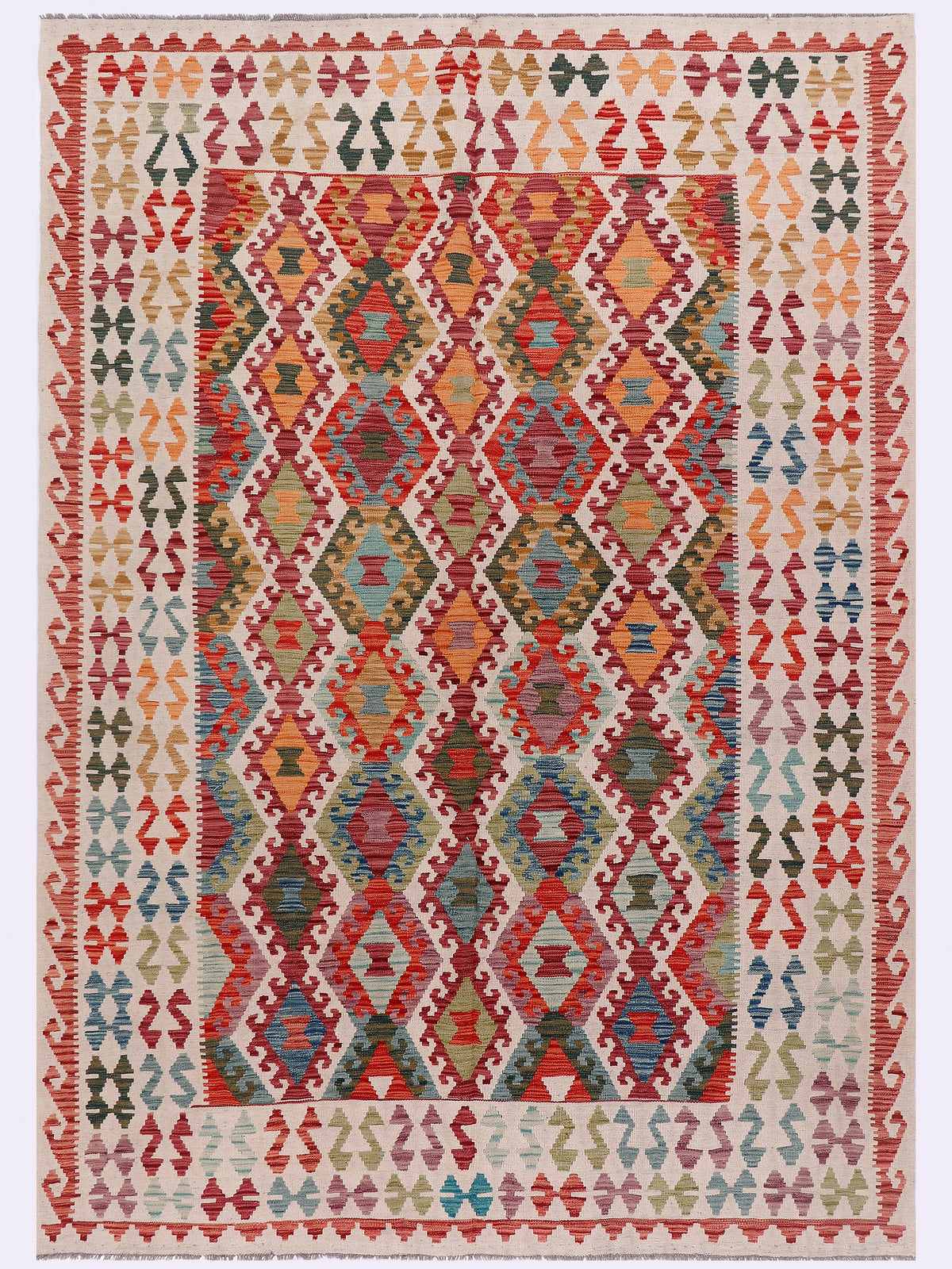Kilim rug with orange-red center and multicolor geometric border
