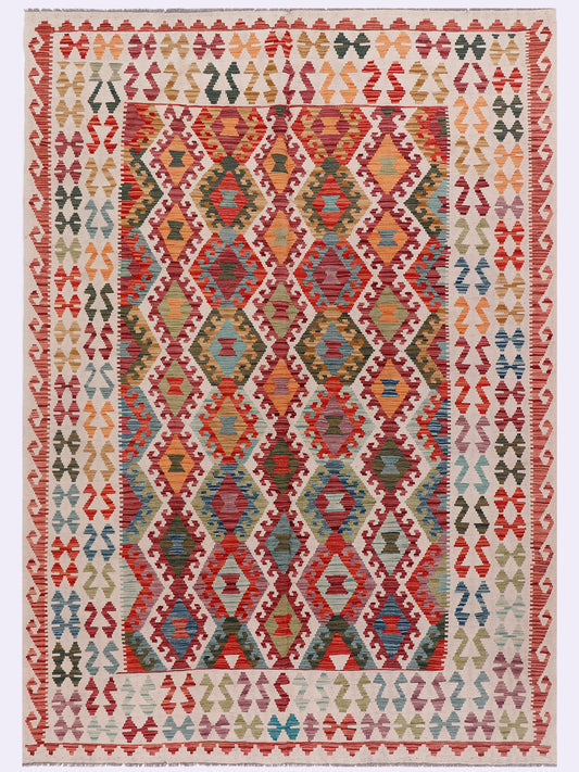 Kilim rug with orange-red center and multicolor geometric border