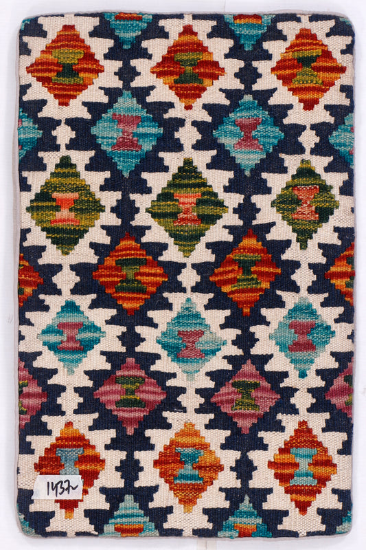 Navy kilim cushion cover with multicolor diamond pattern, 35x55 cm