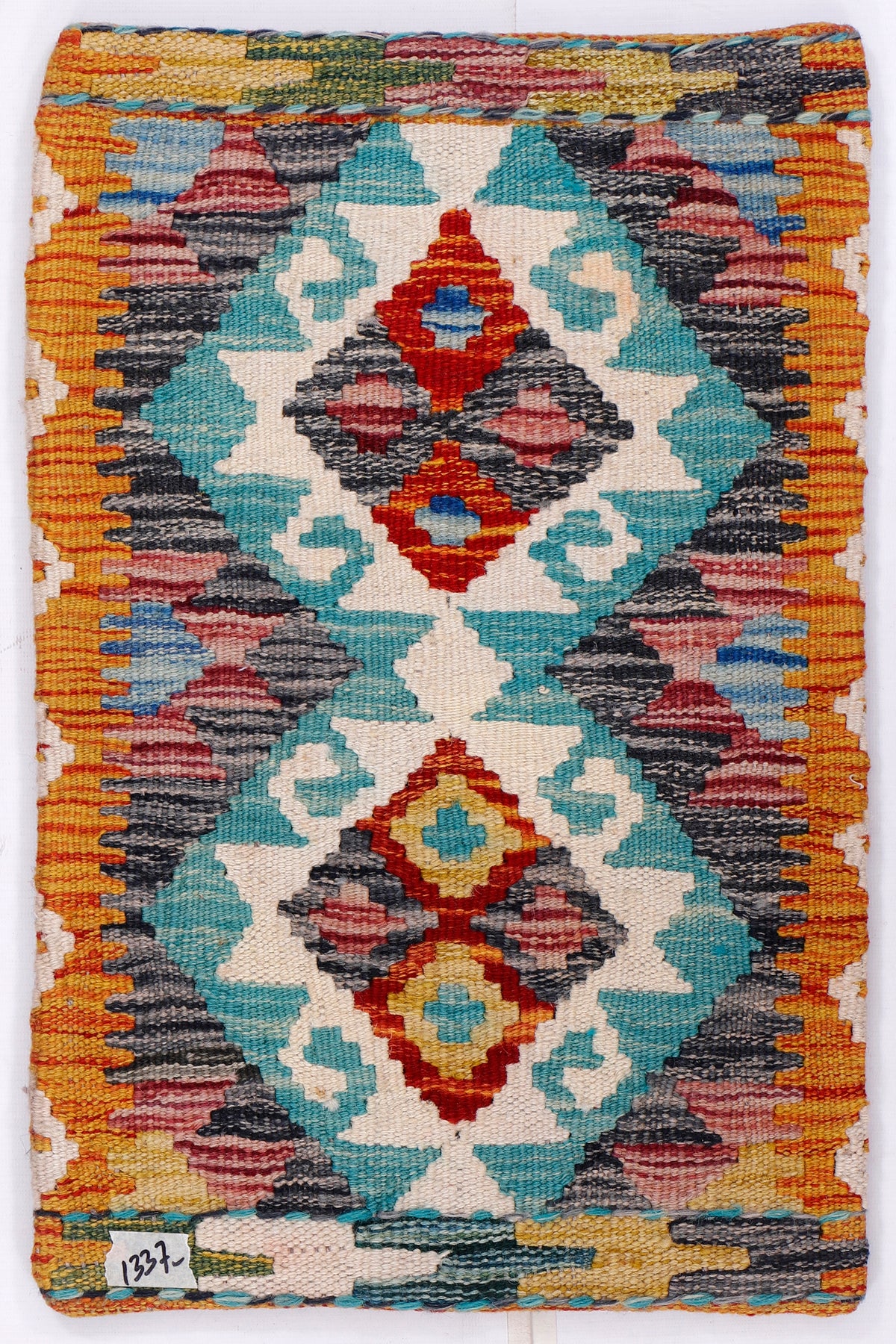 Kilim cushion cover with orange border and turquoise diamond medallion pattern, 35x55 cm
