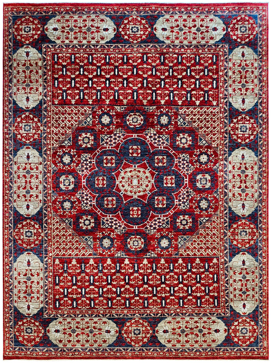 Mamluk rug with deep red field, navy accents, and ornate medallion border pattern