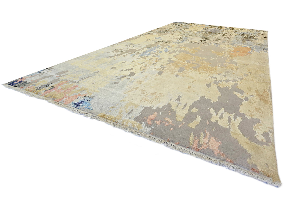 300x240 cm modern abstract rug with faded beige, gray, blue, and orange tones