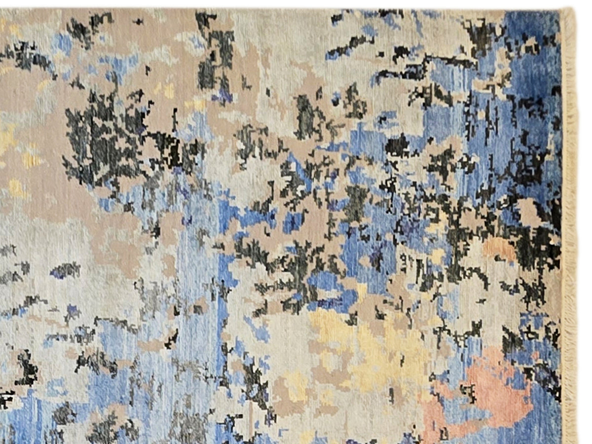 300x240 cm modern abstract rug close-up with blue, gray, and beige mottled pattern