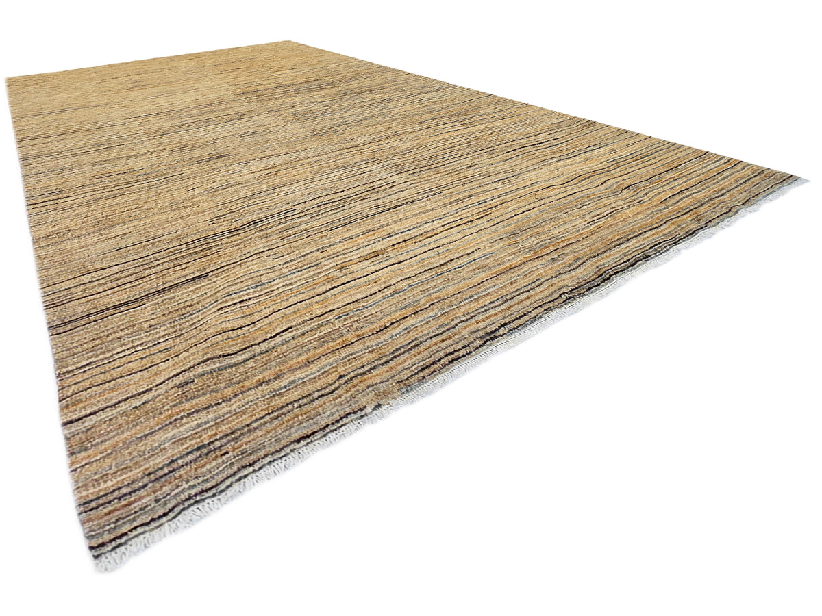 Streepje rug angled view with thin stripes in beige and dark gray with blue accents.