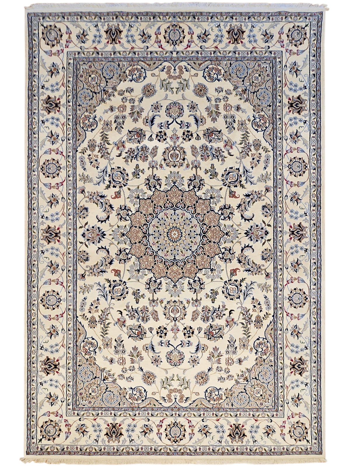 Ivory decorative area rug with blue frame border, central medallion, ornate corner motifs.