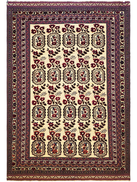 Large area rug with cream field, burgundy and navy medallion floral pattern border.