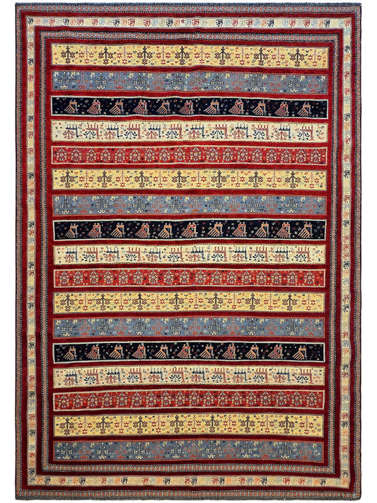 Geometric area rug with red frame, blue field, cream accents and navy stripe