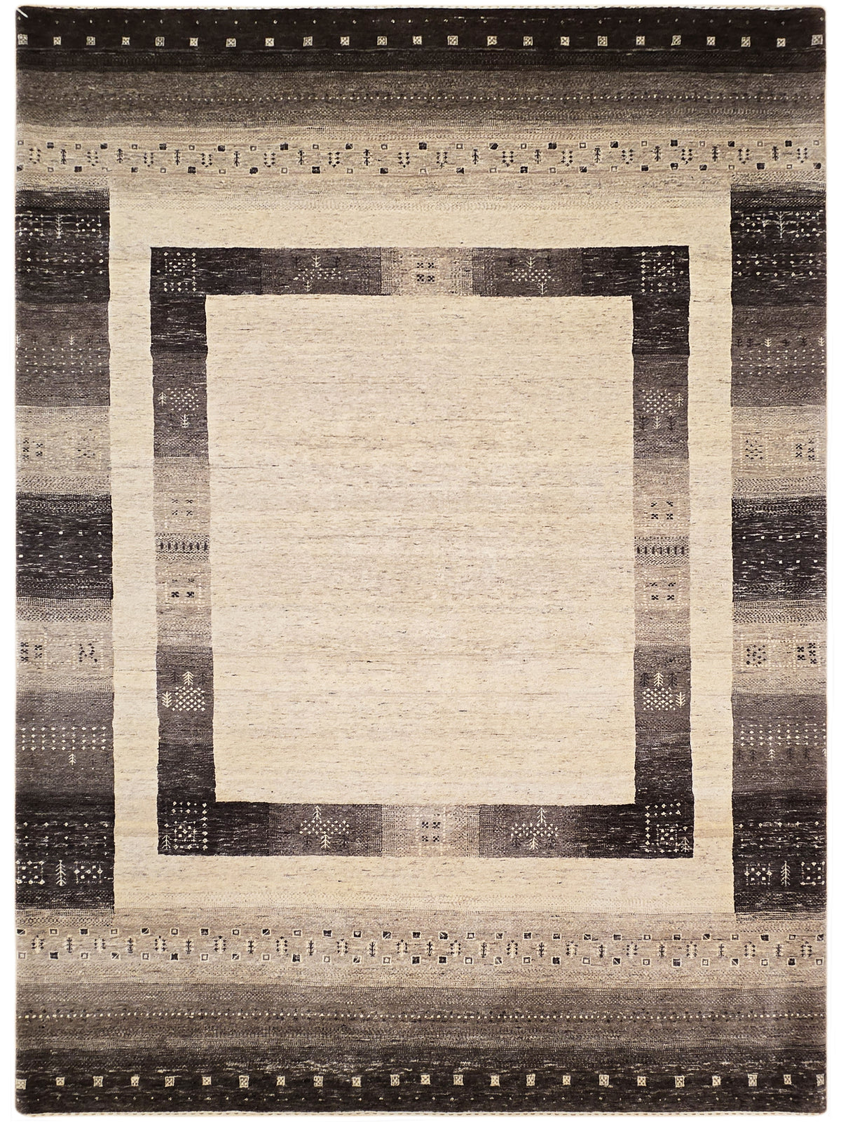 Rectangular rug with centered beige square and dark brown border with small motifs