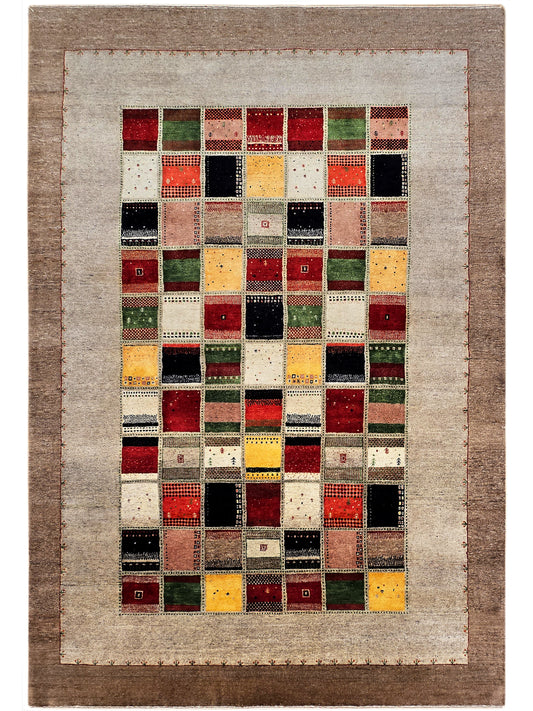 Loribaft rug with beige field and multicolor patchwork grid, rectangular border
