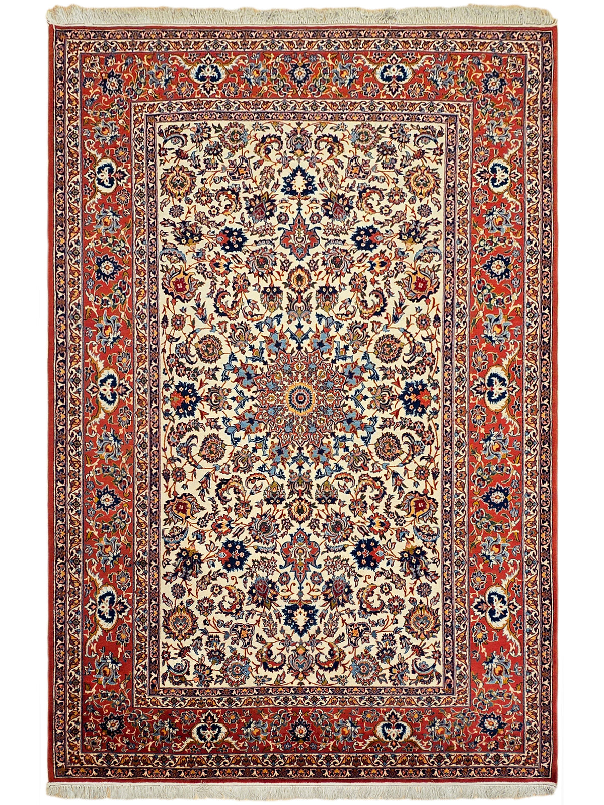 Rectangular rug with red border and cream center filled with ornate floral motifs