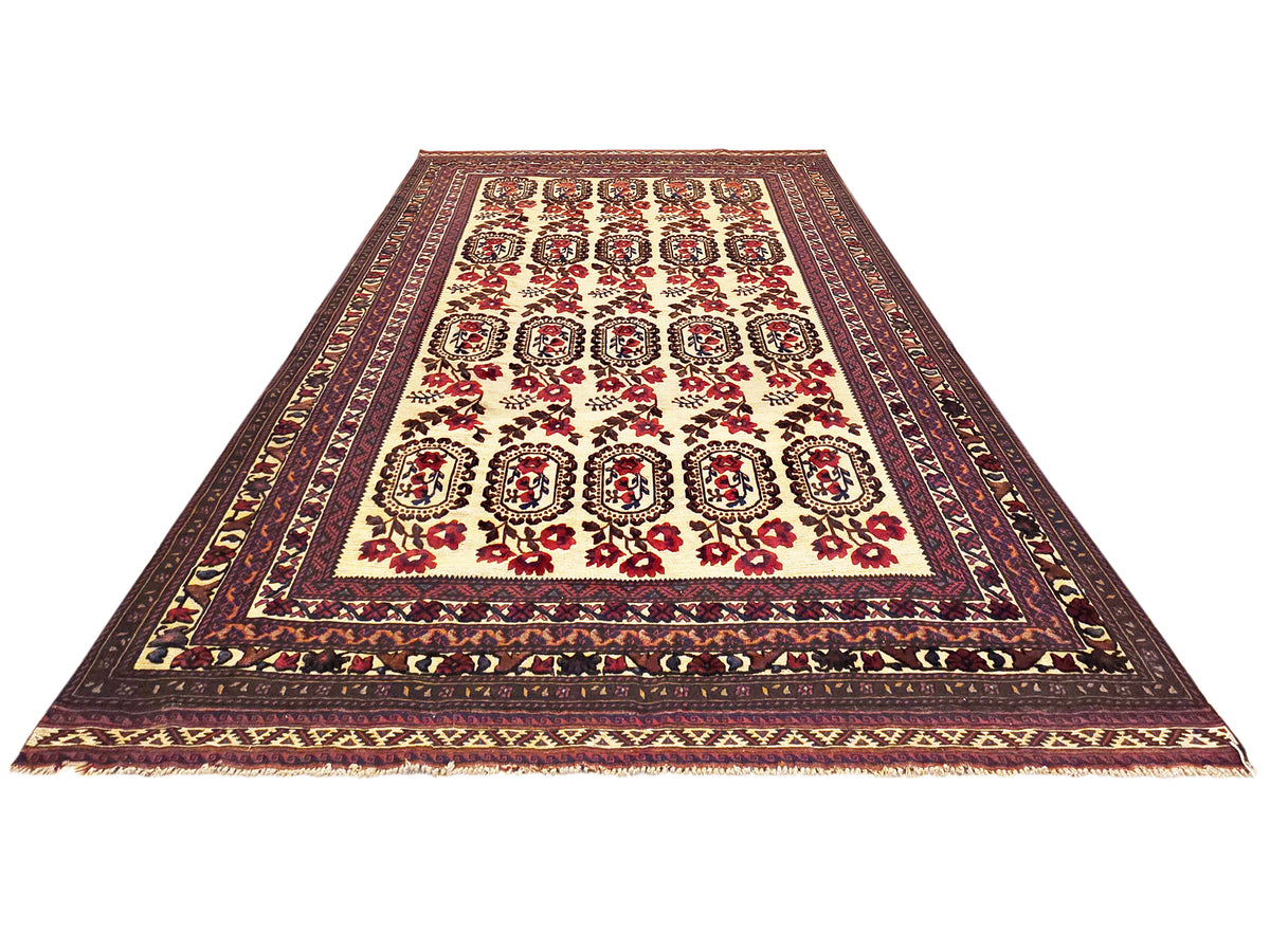 Rectangular area rug with cream center panel, burgundy motifs, dark navy geometric border.