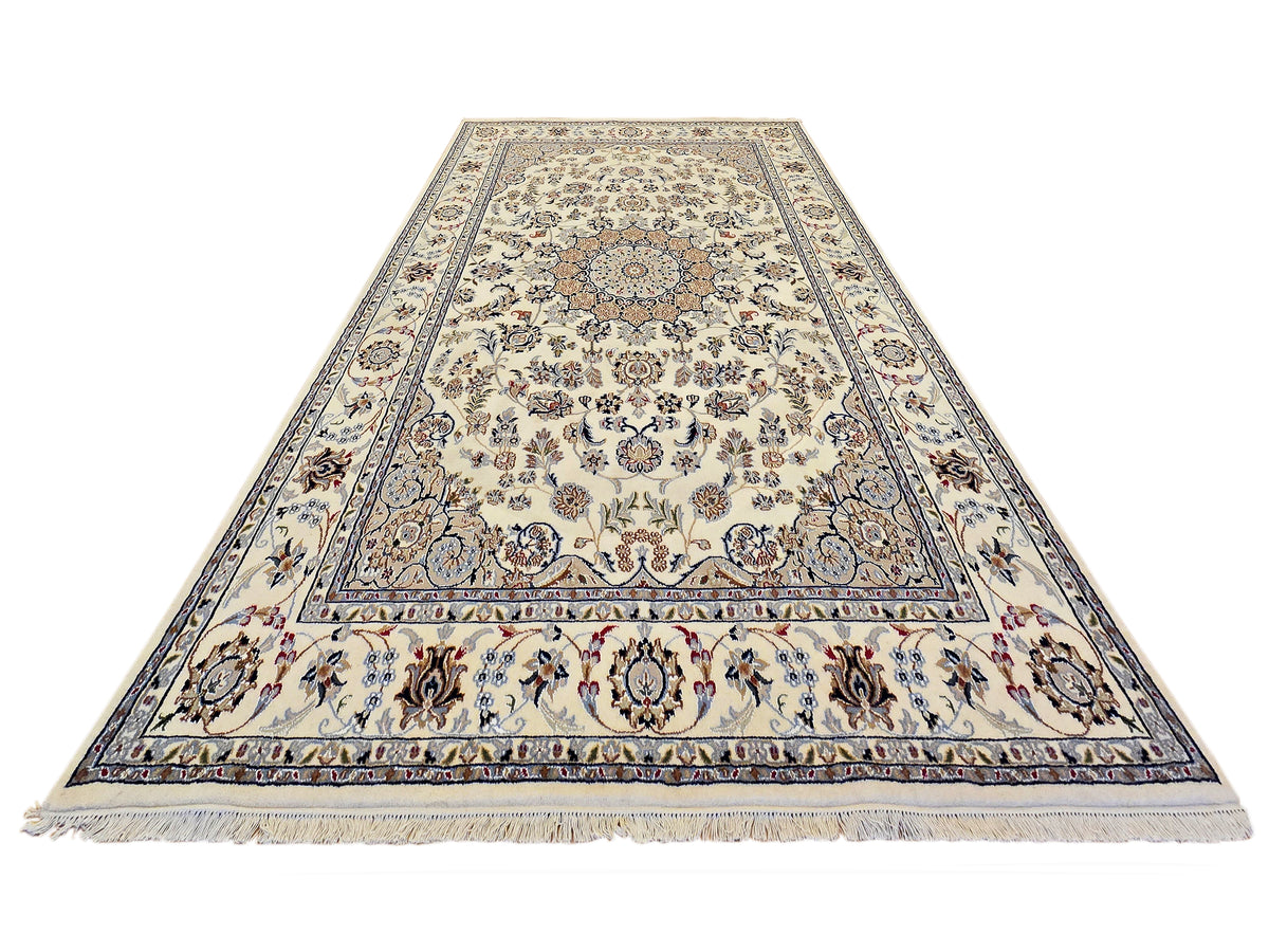 Decorative ivory area rug with blue floral center medallion and border, fringe edges.