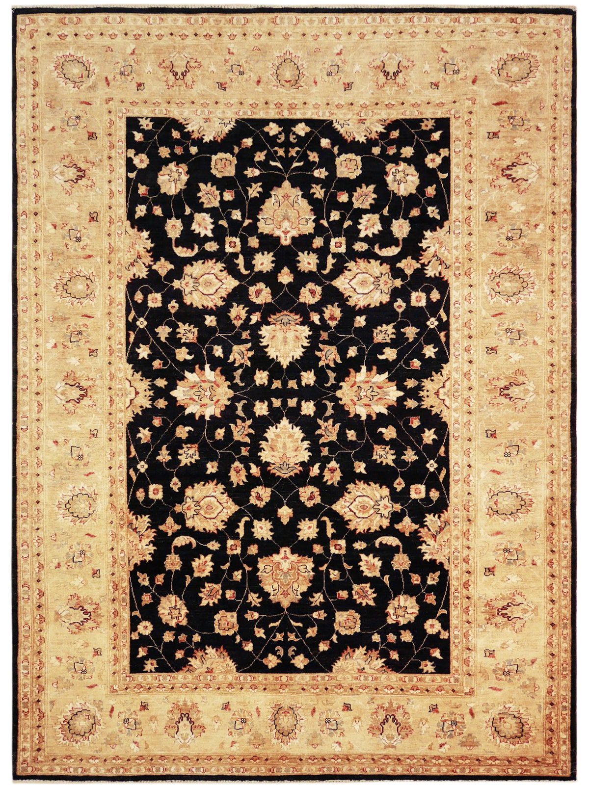 Rectangular Afghan rug with black floral center and beige border with ornate medallions.