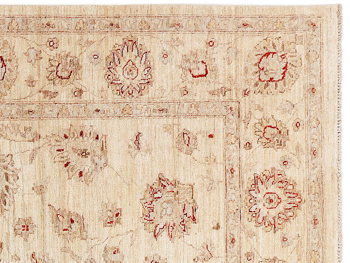 Afghan rug close-up of cream ground with red floral motifs and worn texture