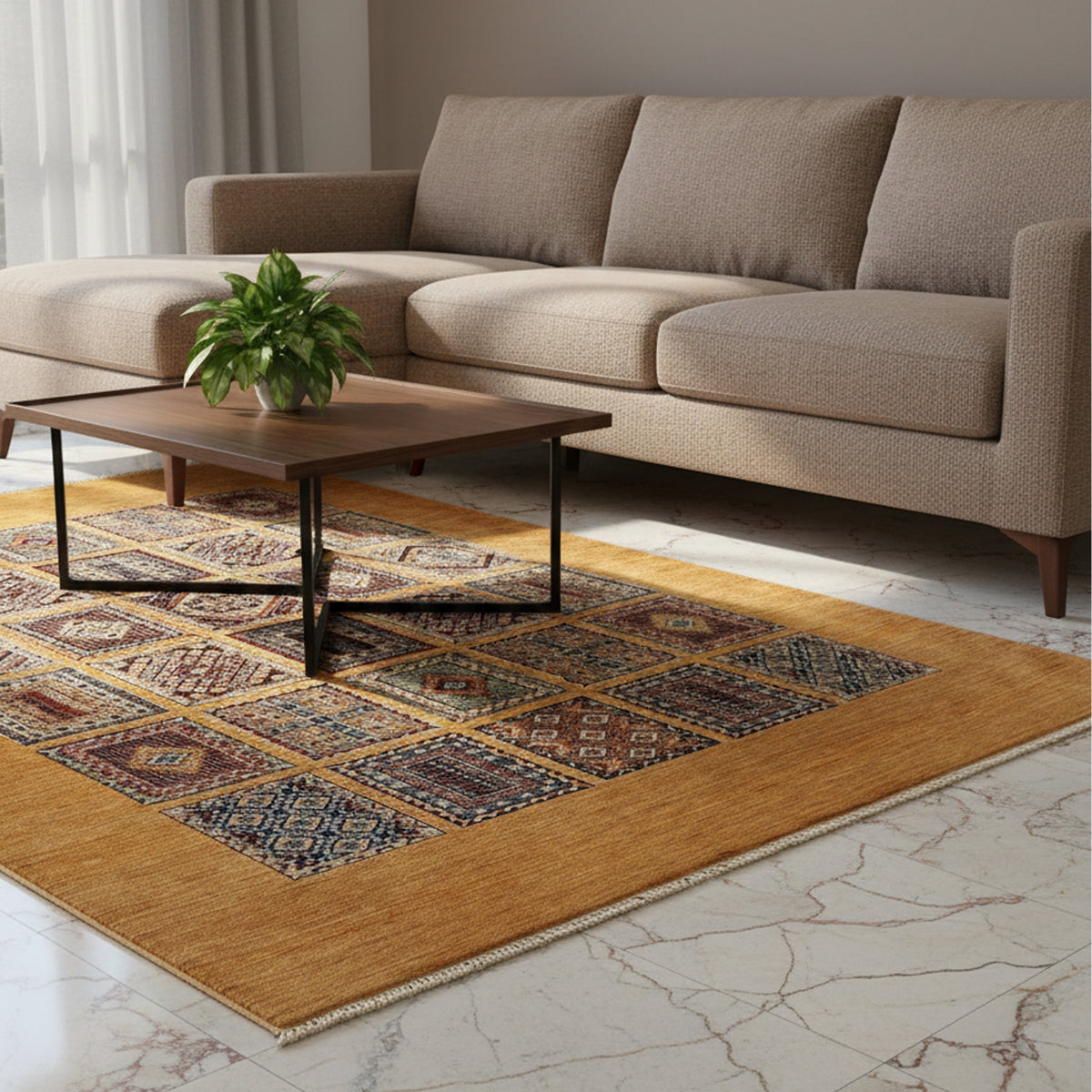 Geometric area rug with warm gold background and blue and red motifs under a living room sofa