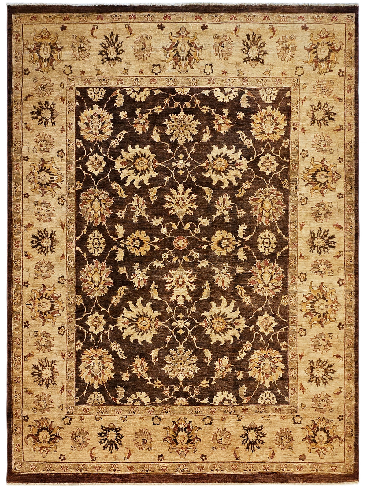 Decorative rug with central dark floral medallion on tan background; patterned border