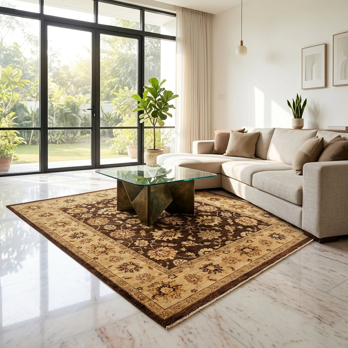 Ornate rectangular rug with dark brown center medallion and tan border; traditional floral motifs
