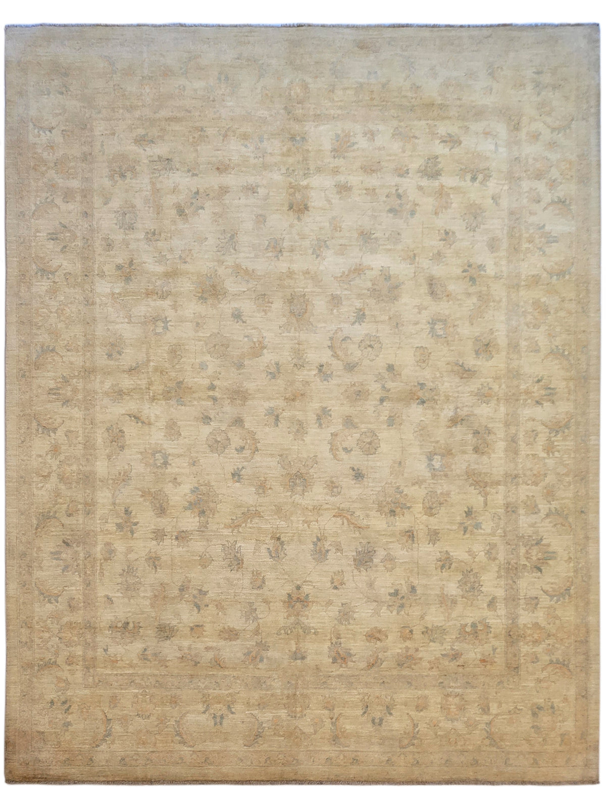 Beige rectangular area rug with evenly scattered faded motifs, 300x246 cm
