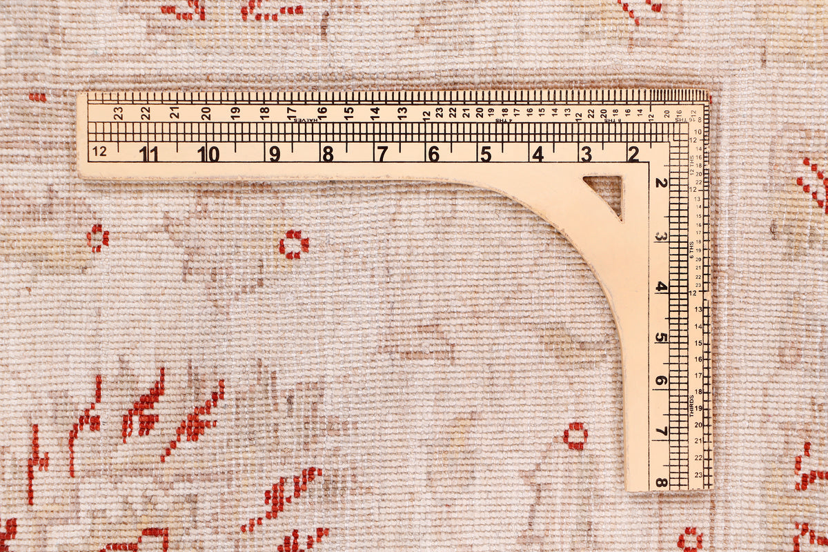 Beige rug with red tribal motifs and border, corner measuring detail