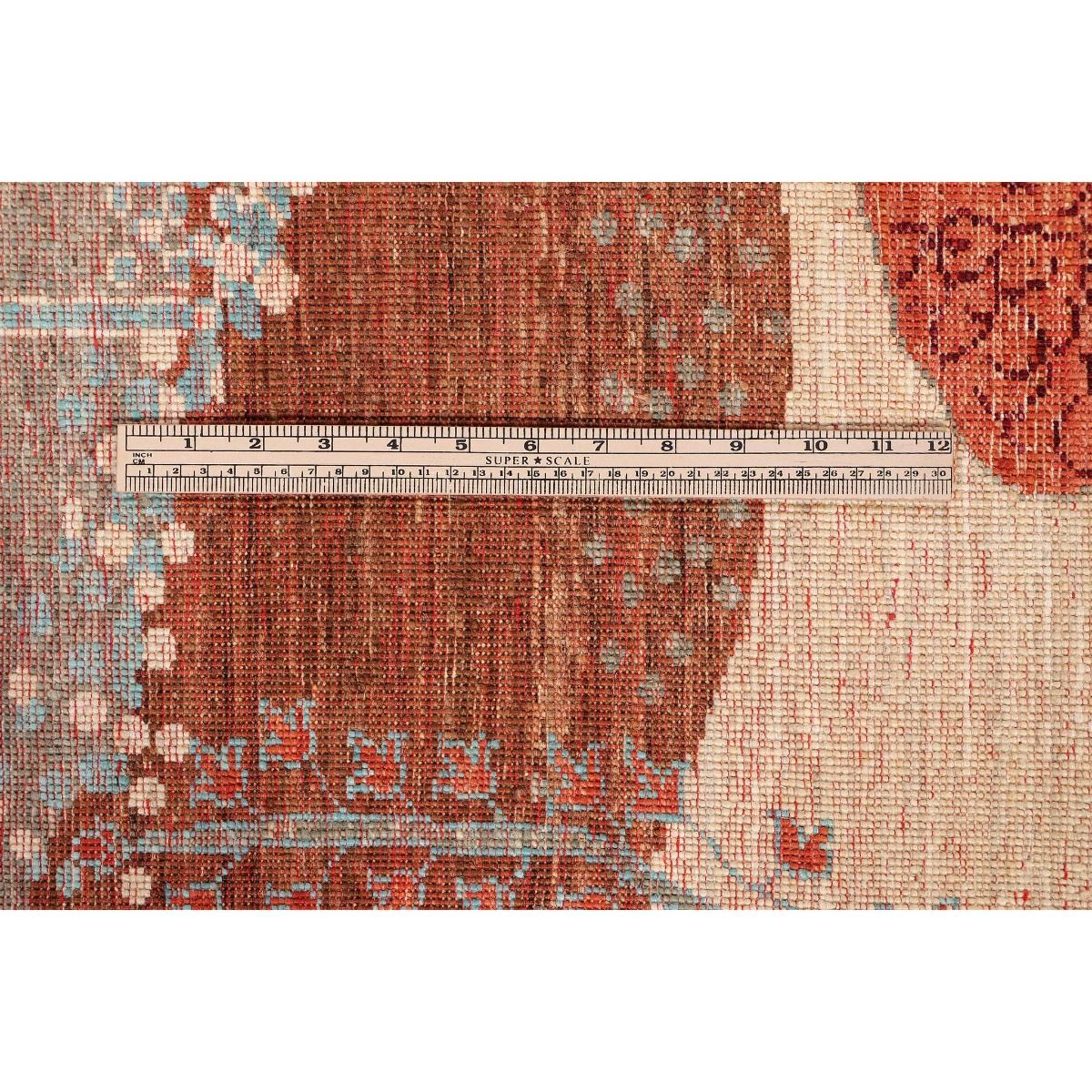 Measuring tape on multicolor rug corner, showing woven texture and mottled colors