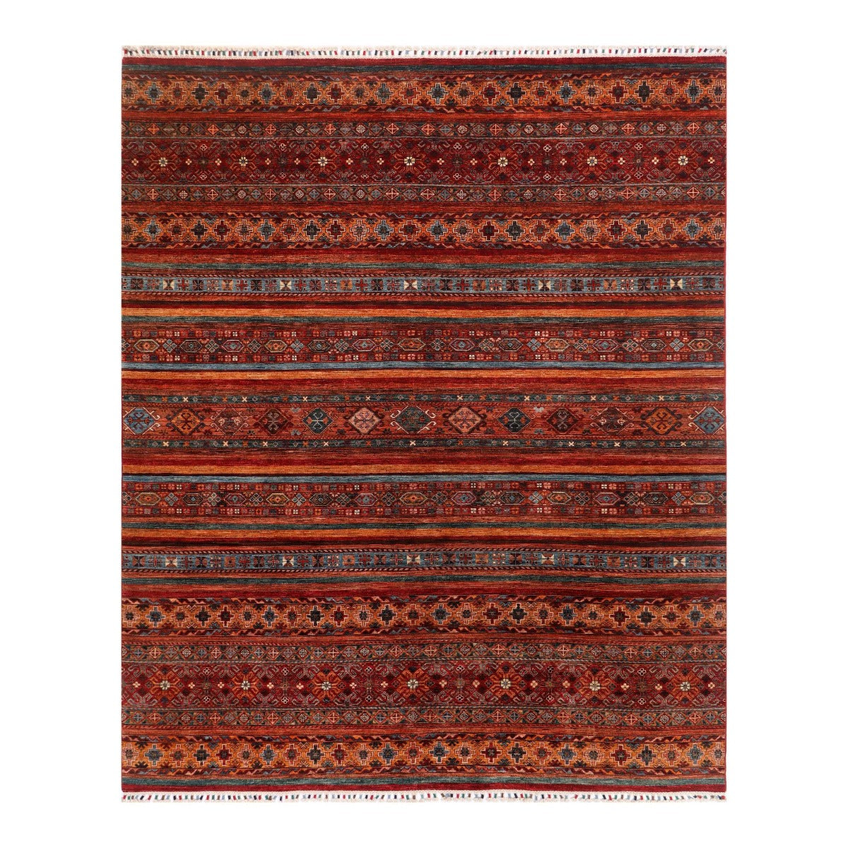 Red and teal patterned Khorjin Samarkand rug with repeating medallions and borders.