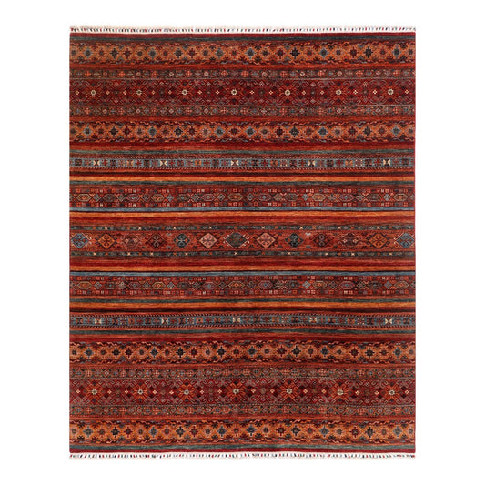 Red and teal patterned Khorjin Samarkand rug with repeating medallions and borders.