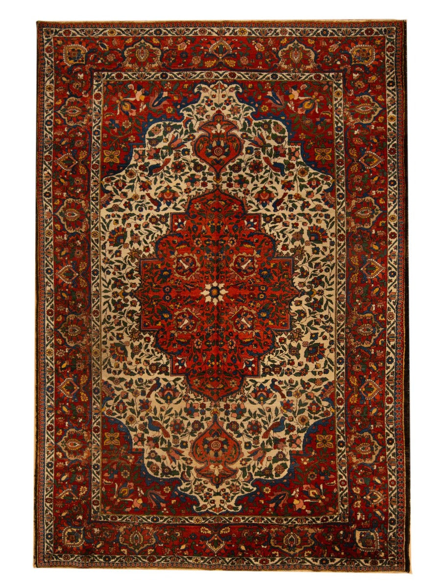 Bakhtiari rug with red medallion, beige field, and dark blue border