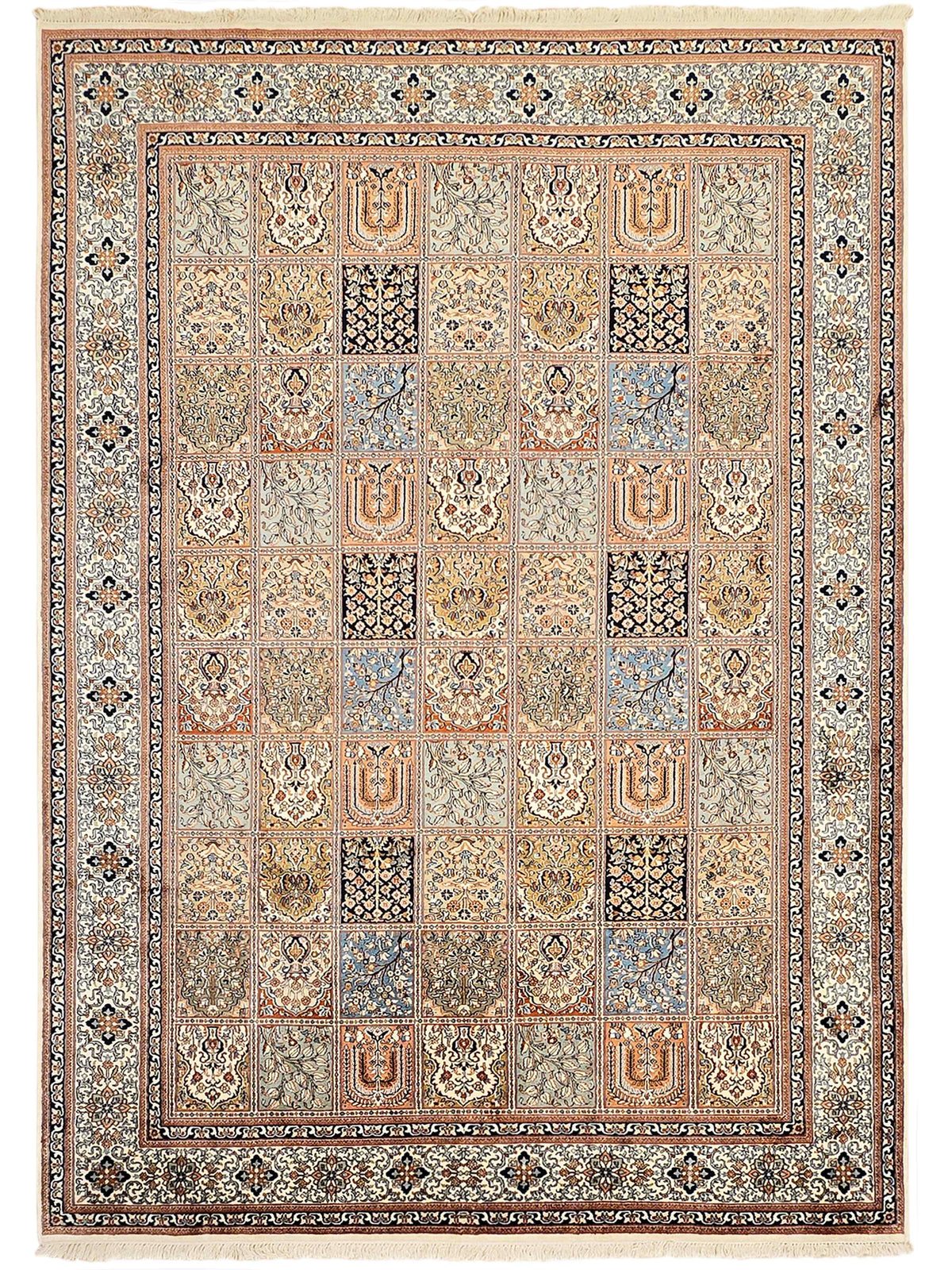 Cashmere silk rug, multicolor patchwork pattern with detailed border, 306x217 cm