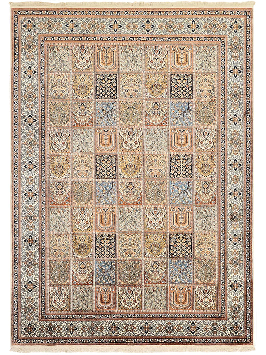 Cashmere silk rug, multicolor patchwork pattern with detailed border, 306x217 cm