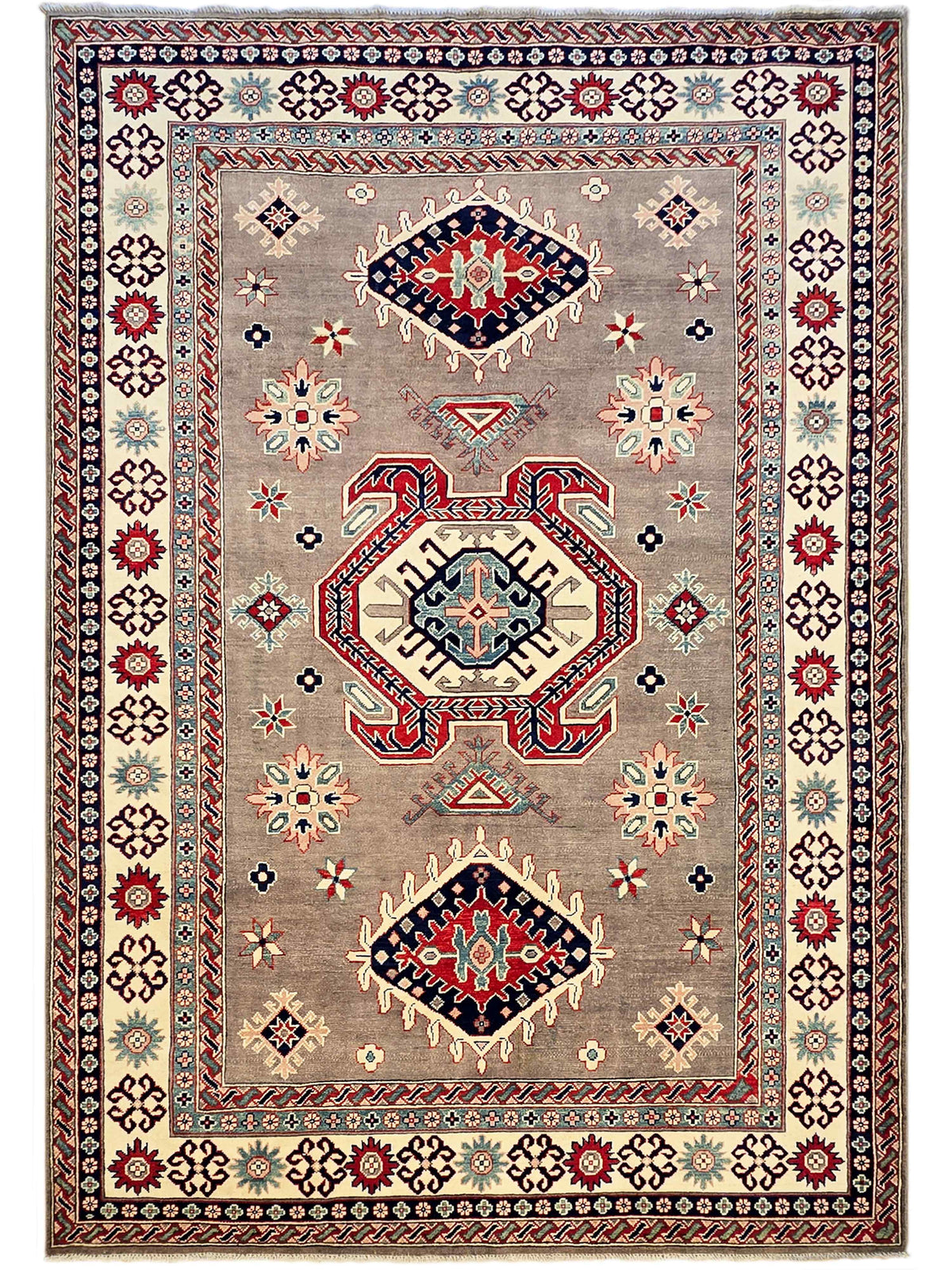 Kazak rug with beige-gray background and ornate red, blue, and cream geometric border