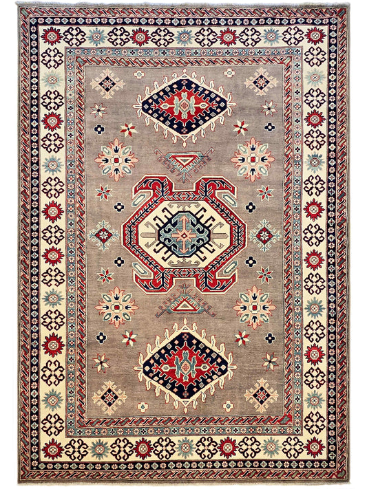 Kazak rug with beige-gray background and ornate red, blue, and cream geometric border