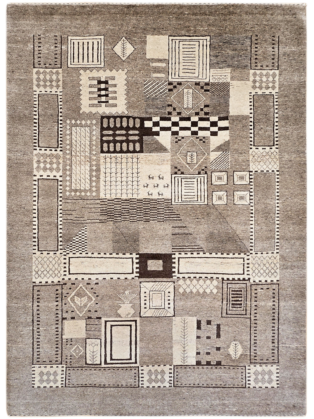 Abstract geometric rug with stacked rectangles and borders in gray and beige